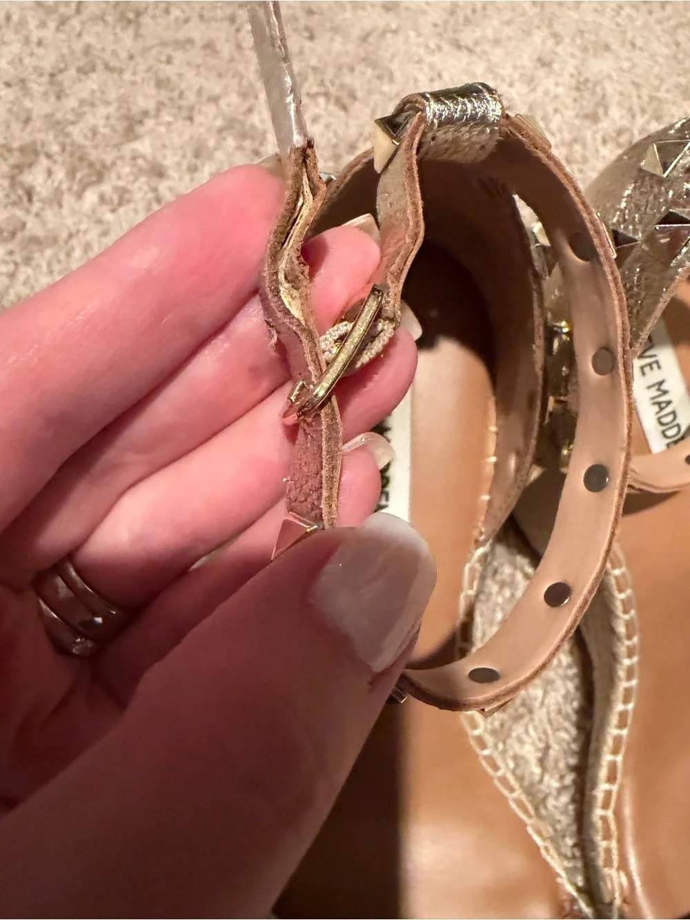 Steve Madden Metallic Gold Espadrille Wedge Sandals with Studded Ankle Straps